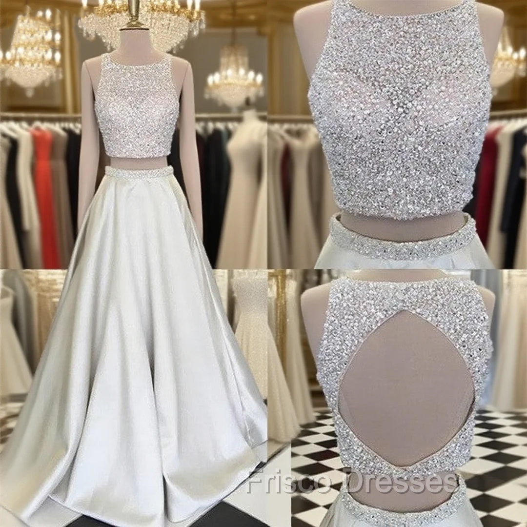 Unique Round Neck Sequin Formal Prom Dress, Two Pieces Long Evening Dress Main image