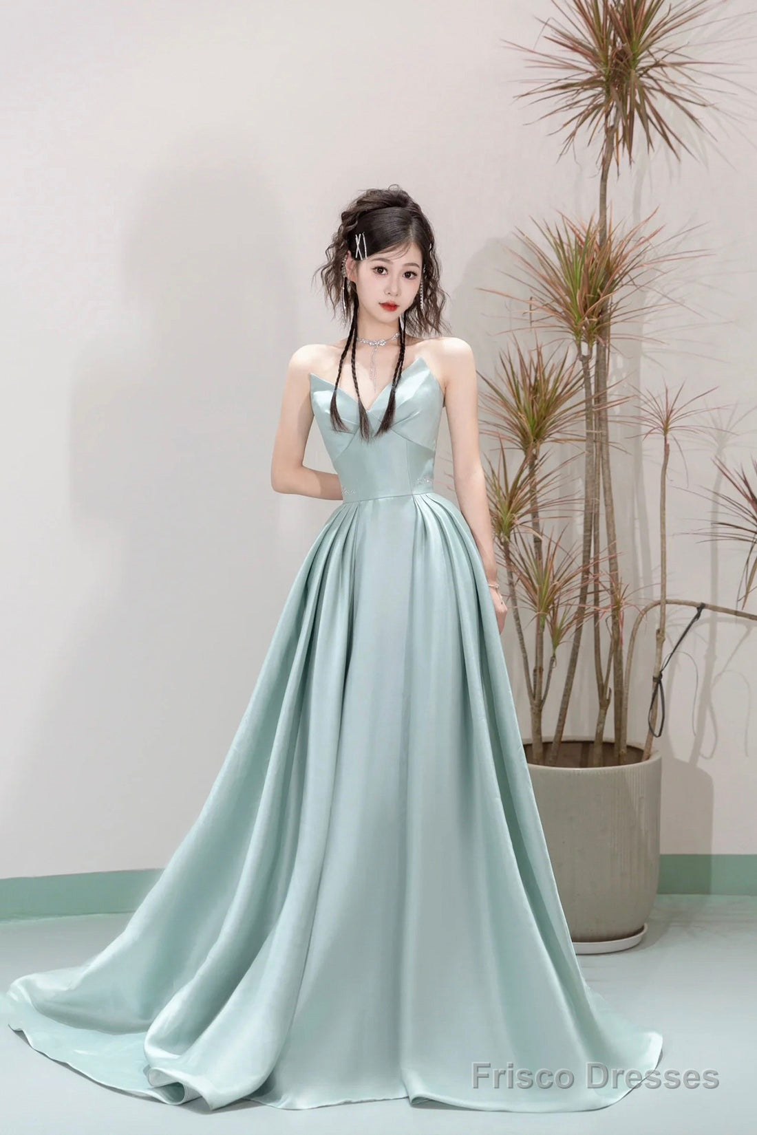 Unique Satin Floor Length Prom Dress, A-Line Strapless Formal Evening Dress Main image