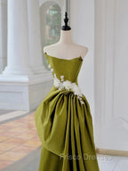 Unique Satin Flower Green Long Formal Prom Dress, Green Long Formal Dress