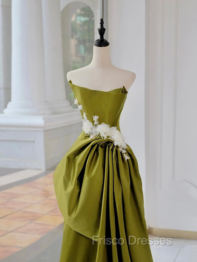 Unique Satin Flower Green Long Formal Prom Dress, Green Long Formal Dress