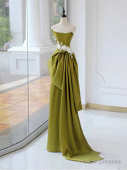 Unique Satin Flower Green Long Prom Dress, Green Long Formal Dress