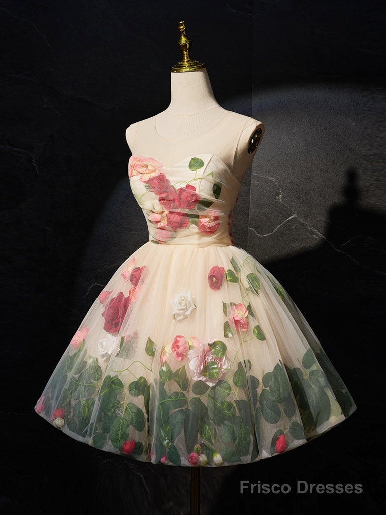Unique Scoop Neckline Tulle Flower Champagne Short Prom Dress, Cute Formal Dress Secondary image