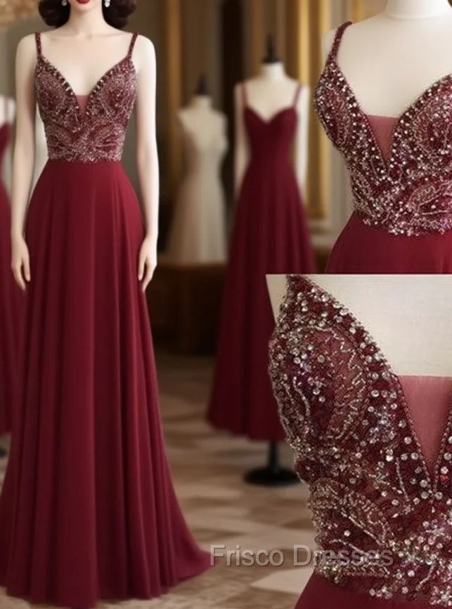 Unique Sequin Beads Burgundy Long Formal Prom Dress, Formal Dress Main image
