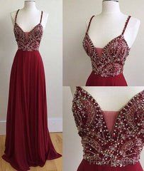 Unique Sequin Beads Burgundy Long Prom Dress, Formal Dress