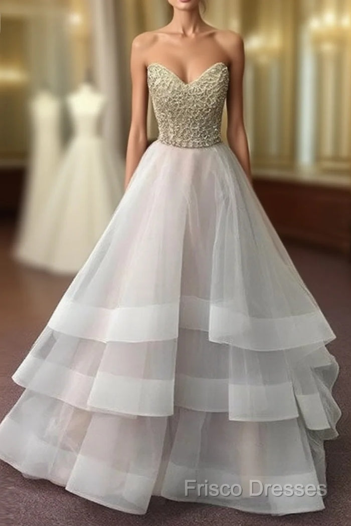 Unique Sequin Gray Tulle Formal Prom Dress, Long Gray Formal Dress Main image