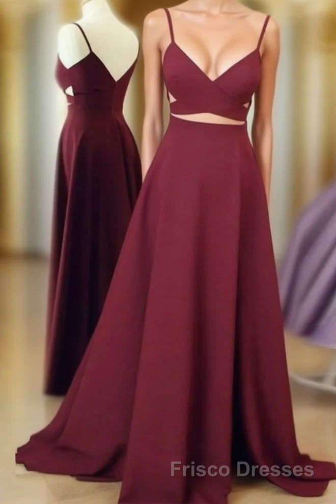 Unique Sexy Two Pieces Long Burgundy Formal Prom Dresses, Burgundy Evening Dresses