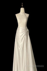 Unique Sheath High Neckline Satin Lace Ivory Wedding Dress