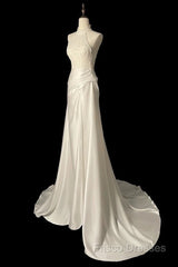 Unique Sheath High Neckline Satin Lace Ivory Wedding Dress