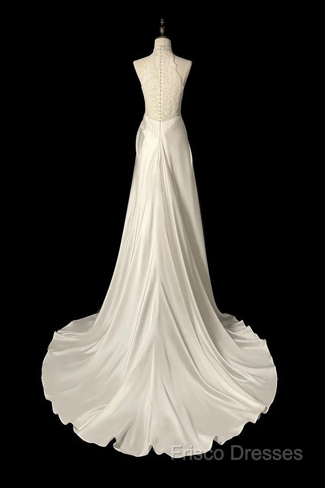 Unique Sheath High Neckline Satin Lace Ivory Wedding Dress