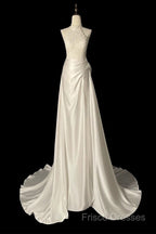 Unique Sheath High Neckline Satin Lace Ivory Wedding Dress