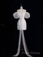 Unique Sheath Off The Shoulder Sequin Short Sleeves White Wedding Dress Brides Dress