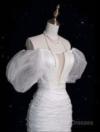 Unique Sheath Off The Shoulder Sequin Short Sleeves White Wedding Dress Brides Dress