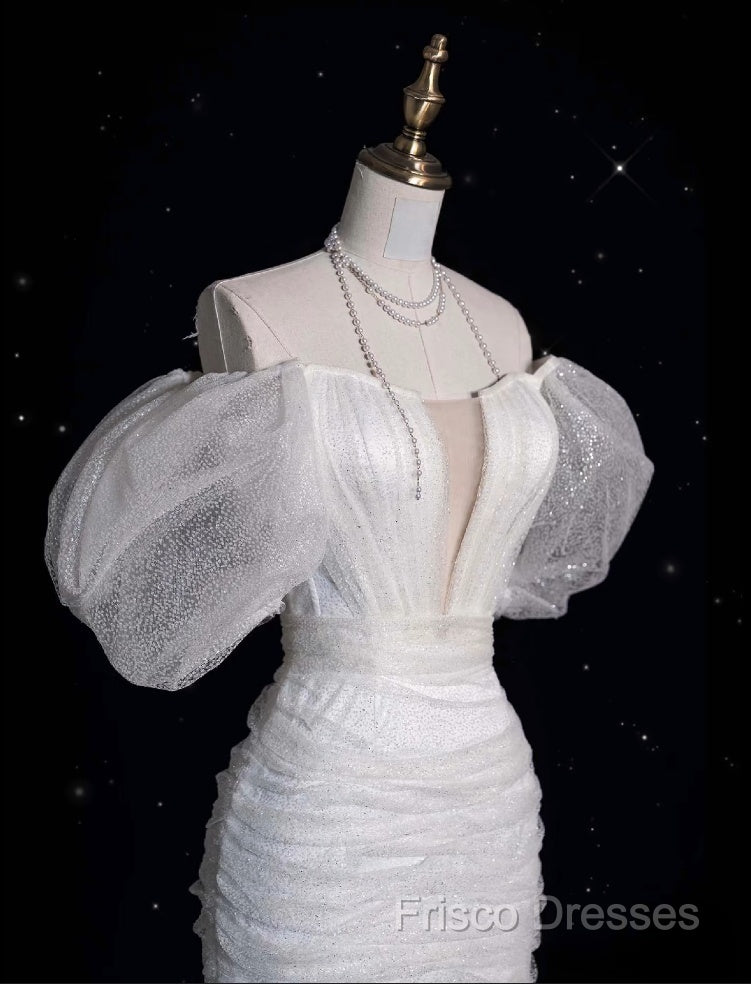 Unique Sheath Off The Shoulder Sequin Short Sleeves White Wedding Dress Brides Dress