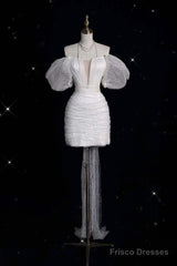 Unique Sheath Off The Shoulder Sequin Short Sleeves White Wedding Dresses Brides Dress