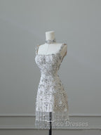 Unique Sheath Spaghetti Straps Silver Wedding Dress Brides Dress