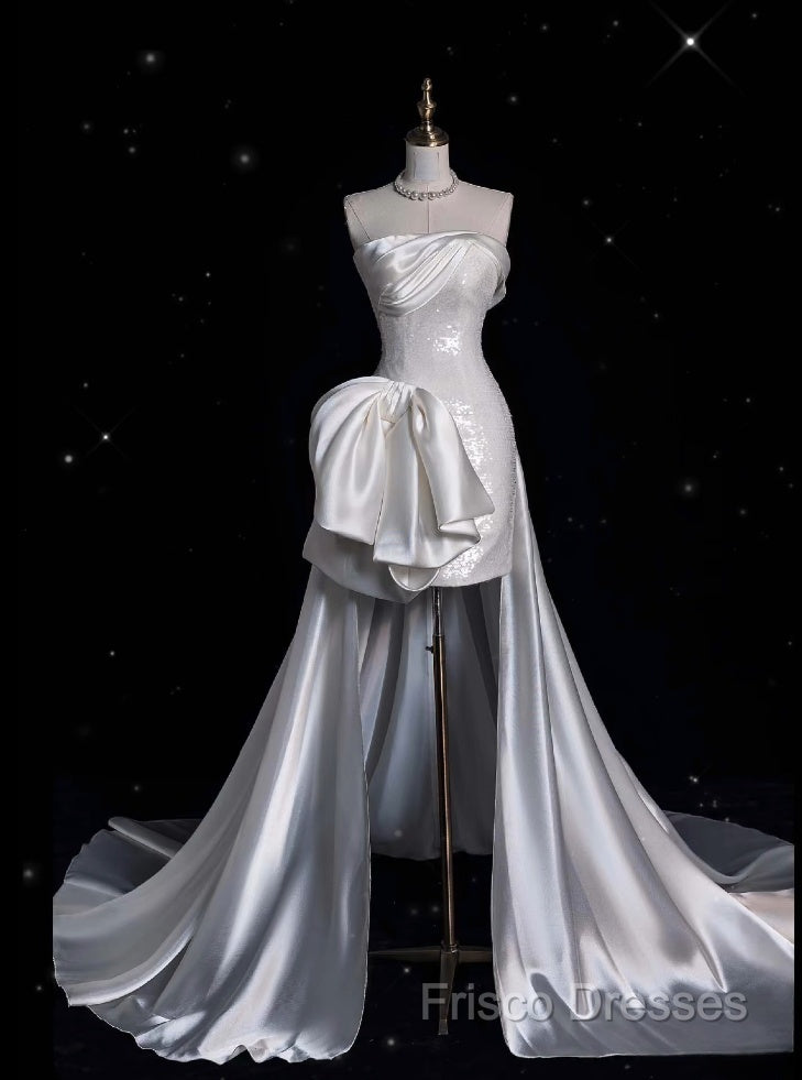 Unique Sheath Strapless Sequin Short White Wedding Dress Brides Dress