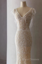 Unique Sheath V Neckline Cap Sleeves Lace Ivory Wedding Dress