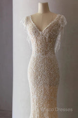 Unique Sheath V Neckline Cap Sleeves Lace Ivory Wedding Dress