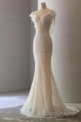 Unique Sheath V Neckline Cap Sleeves Lace Ivory Wedding Dress