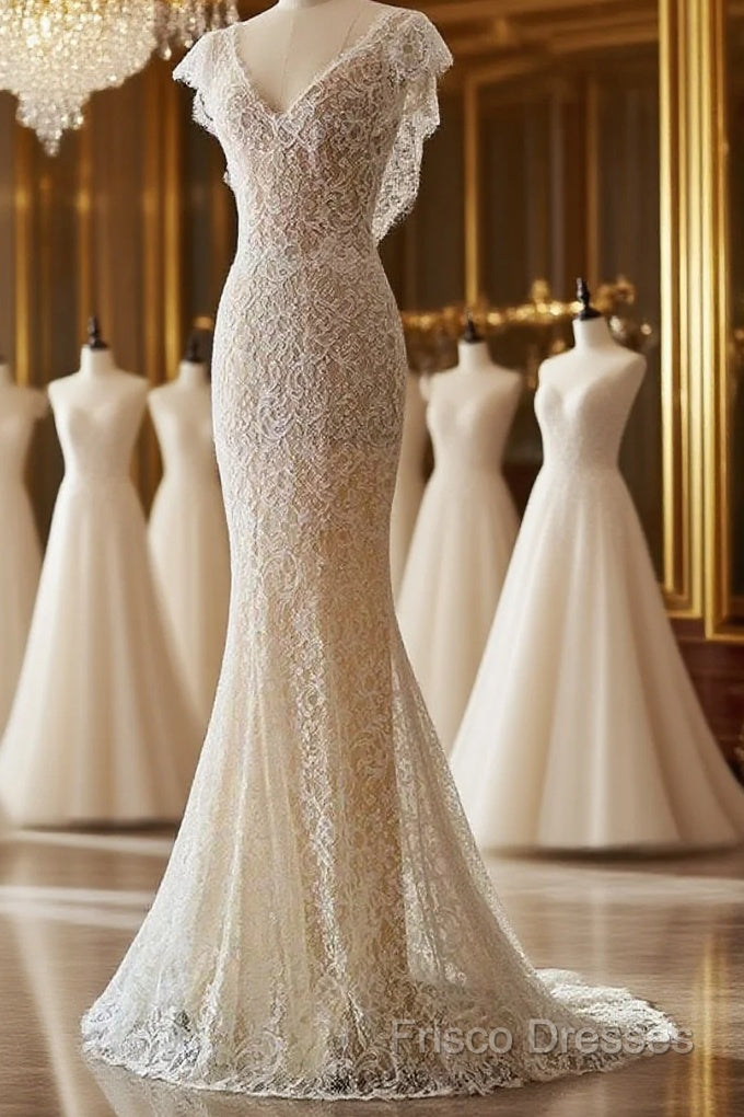 Unique Sheath V Neckline Cap Sleeves Lace Ivory Wedding Dress Main image