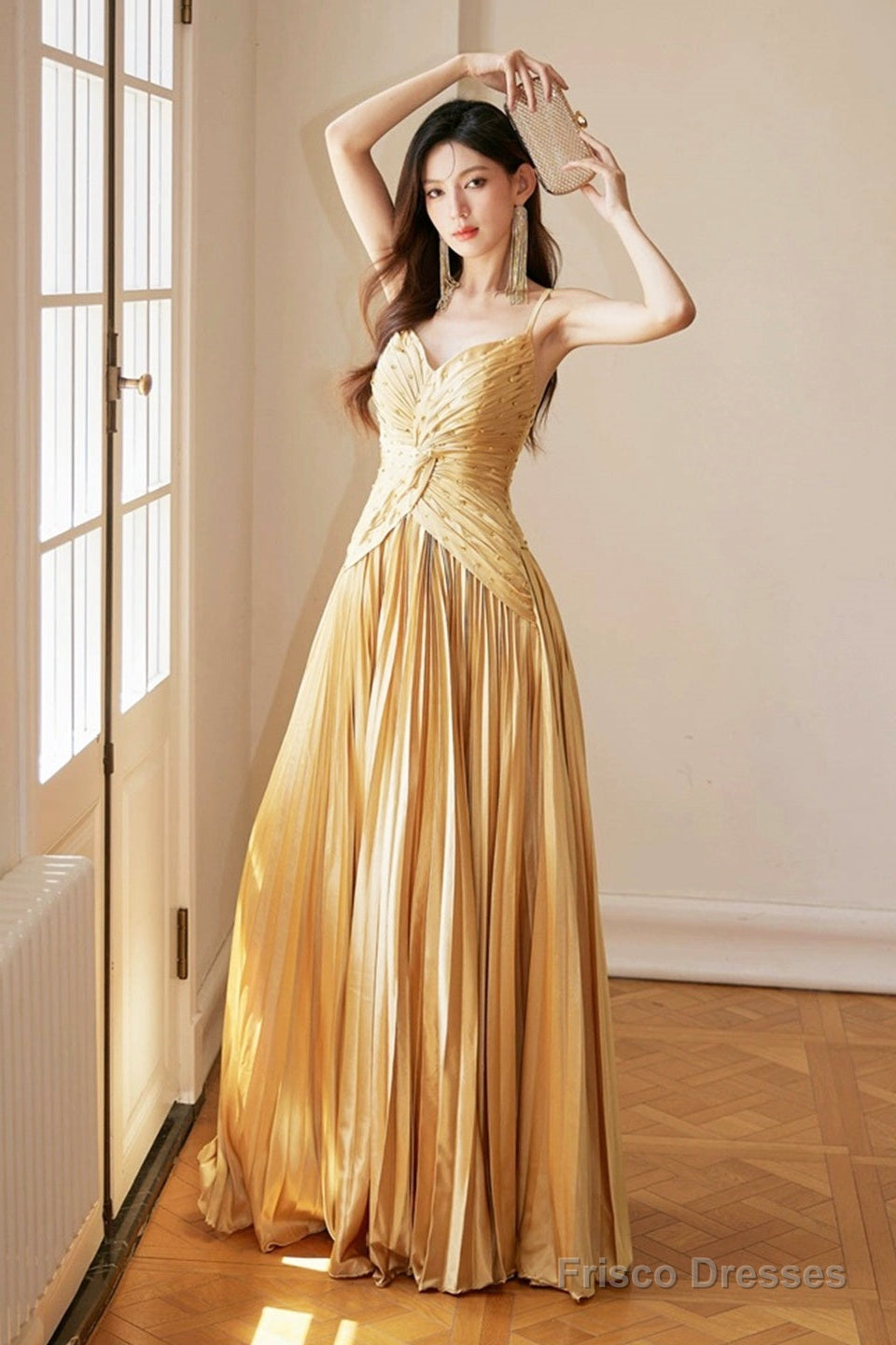 Unique Spaghetti Straps Satin Long Prom Dress, Gold V-Neck Backless Evening Party Dress Secondary image