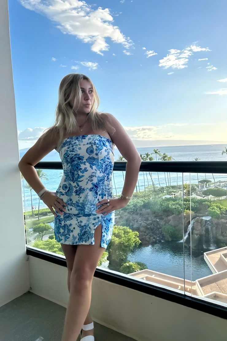 Unique Strapless Blue Satin Print Floral Sheath Short Cocktail Dress Formal Homecoming Dress