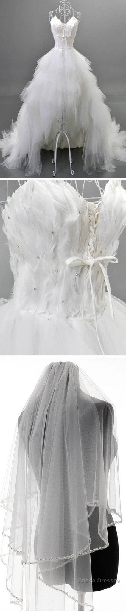 Unique Style Hi-Low Sweetheart Spaghetti Strap White Feather Lace Up Tulle Ruffles  Wedding Dresses , Secondary image