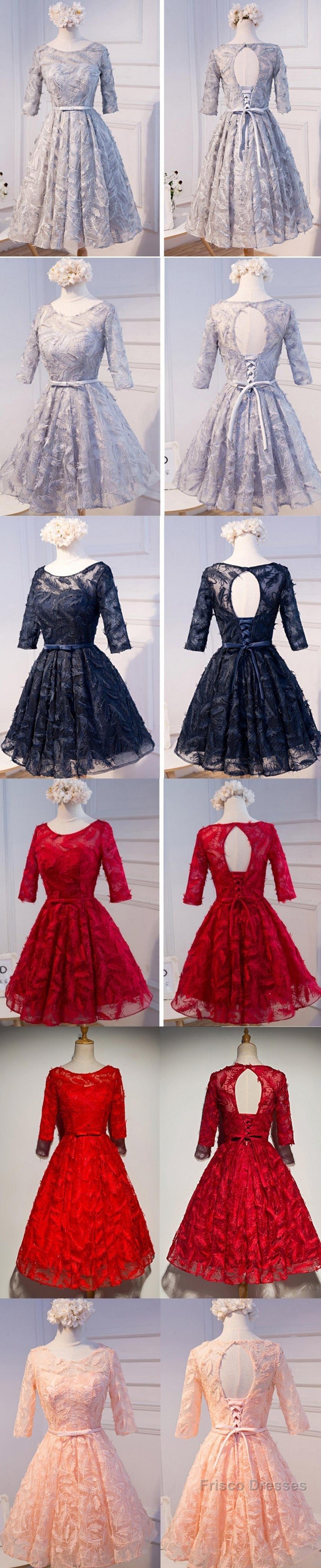 Unique Style Three-Quarter Sleeve Full Feather Appliques Keyhole Lace Up Back Tea-Length Homecoming Dress Secondary image
