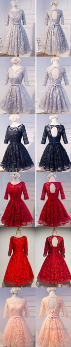Unique Style Three-Quarter Sleeve Full Feather Appliques Keyhole Lace Up Back Tea-Length Homecoming Dress
