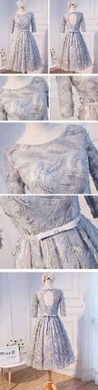 Unique Style Three-Quarter Sleeve Full Feather Appliques Keyhole Lace Up Back Tea-Length Homecoming Dress
