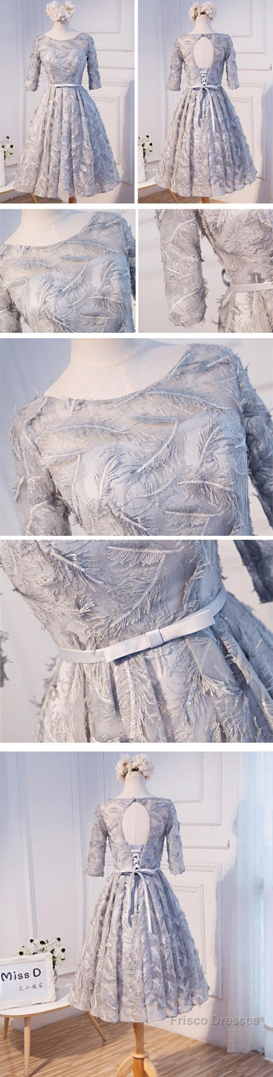 Unique Style Three-Quarter Sleeve Full Feather Appliques Keyhole Lace Up Back Tea-Length Homecoming Dress