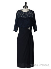 Unique Tea-Length Column Half Sleeves Lace Mother of the Bride Dress