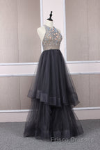 Unique tulle beads long Formal Prom Dresses tulle long evening Dresses