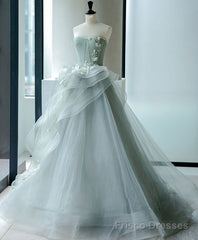 Unique Tulle Lace Gray Green Long Prom Gown, Tulle Lace Evening Dress