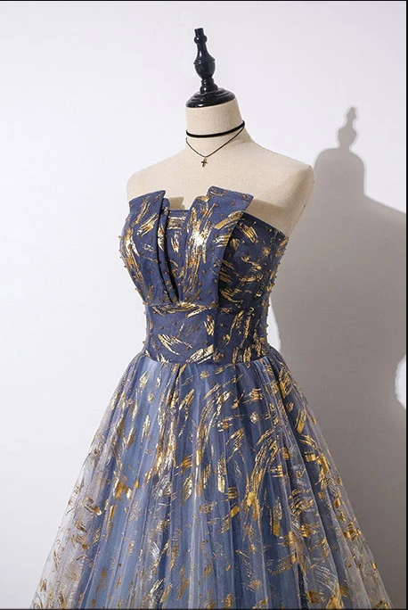 Unique A Line Strapless Blue Ombre Tulle Long Prom Dress Evening Dress