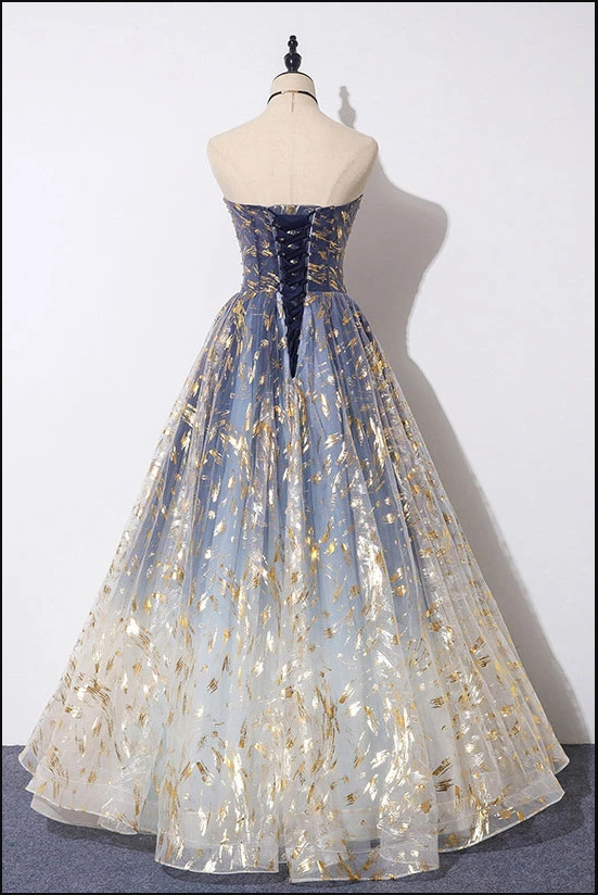 Unique A Line Strapless Blue Ombre Tulle Long Prom Dress Evening Dress