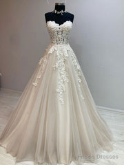 Unique Tulle Lace Long Wedding Dress, Tulle Lace Bridal Dress