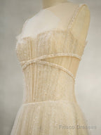 Unique Tulle Sequin Long Prom Dress, Tulle Sequin Graduation Dresses