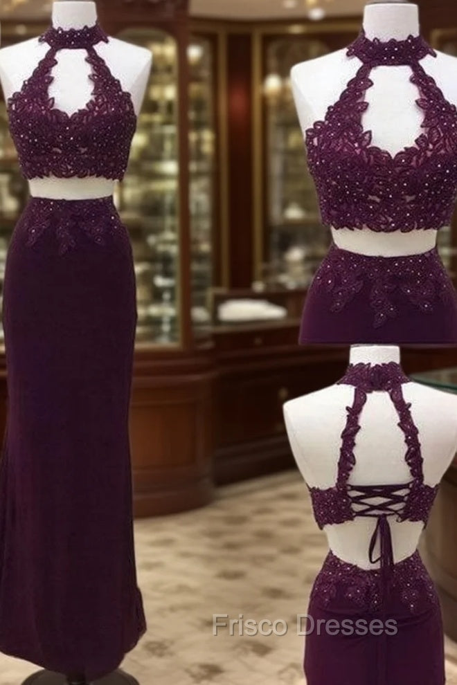 Unique Two Pieces Lace Applique Long Formal Prom Dress, Lace Evening Dress Main image