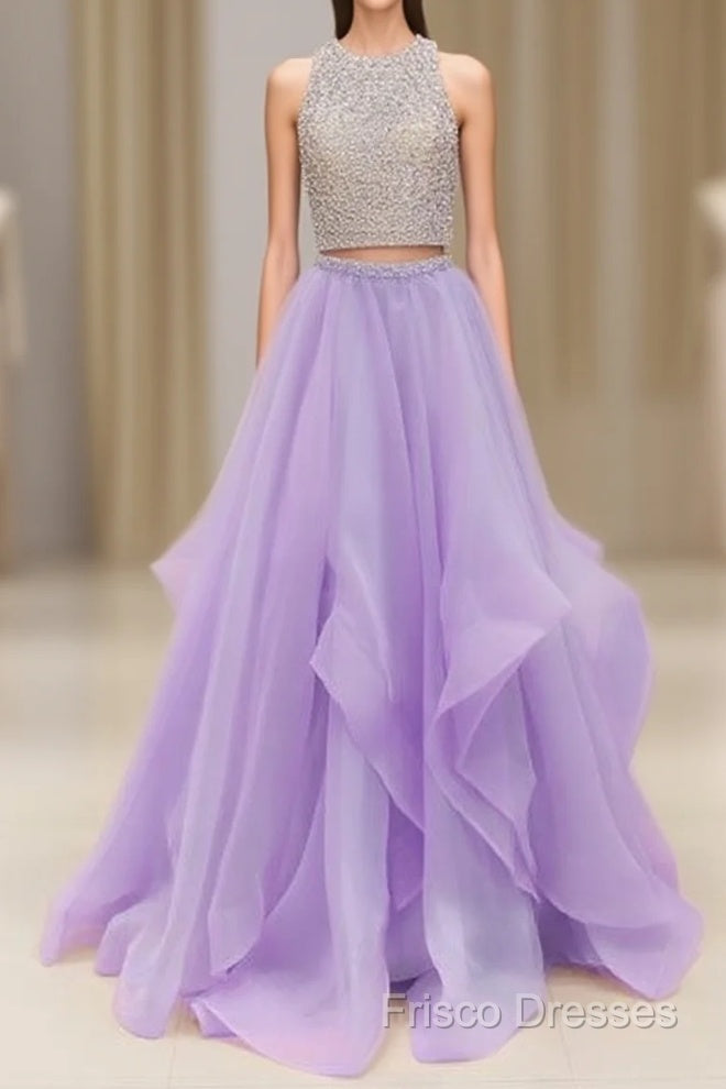 Unique Two Pieces Sequin Purple Long Formal Prom Dress, Purple Formal Dress