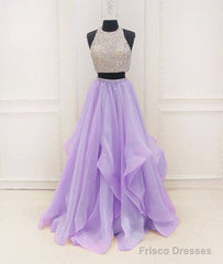 Unique Two Pieces Sequin Purple Long Prom Dress, Purple Evening Dress