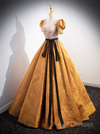 Unique V-Neck Beaded Floor Length Formal Prom Dress, Beautiful A-Line Short Sleeve Party Dress