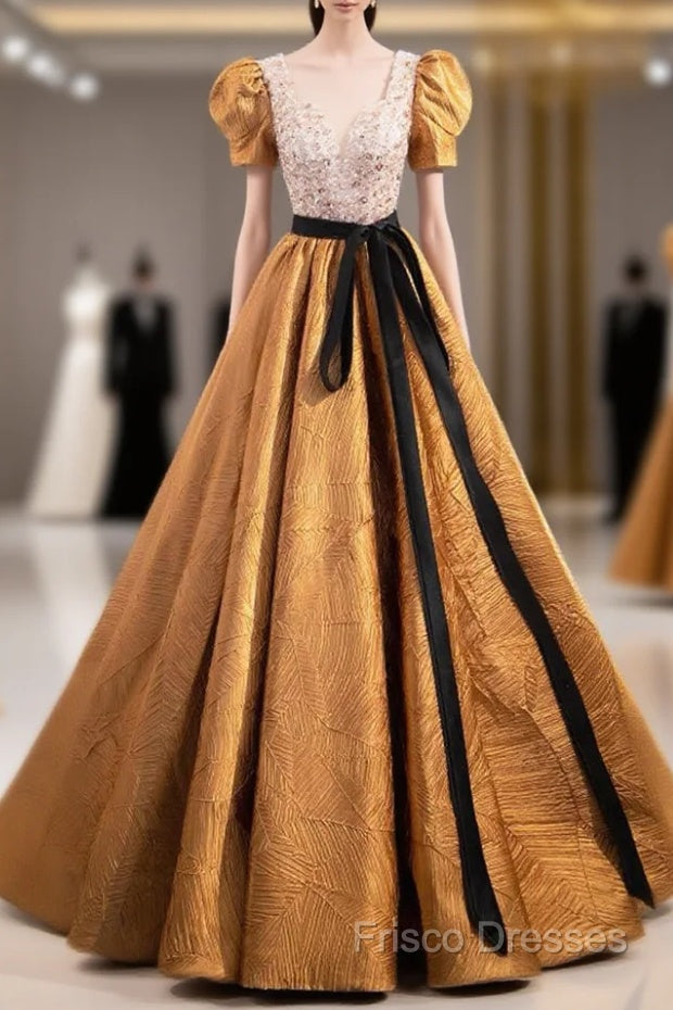 Unique V-Neck Beaded Floor Length Formal Prom Dress, Beautiful A-Line Short Sleeve Party Dress Main image