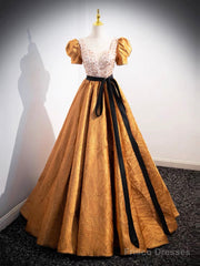 Unique V-Neck Beaded Floor Length Prom Dress, Beautiful A-Line Short Sleeve Party Dress
