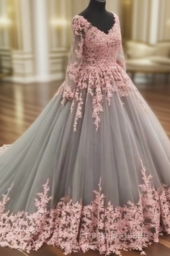 Unique V Neck Pink Lace Tulle Long Formal Prom Dress, Pink Lace Tulle Wedding Dress Main image