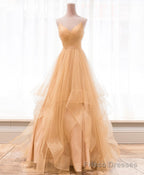Unique V Neck Tulle A-Line Long Prom Dress Tulle Formal Dress