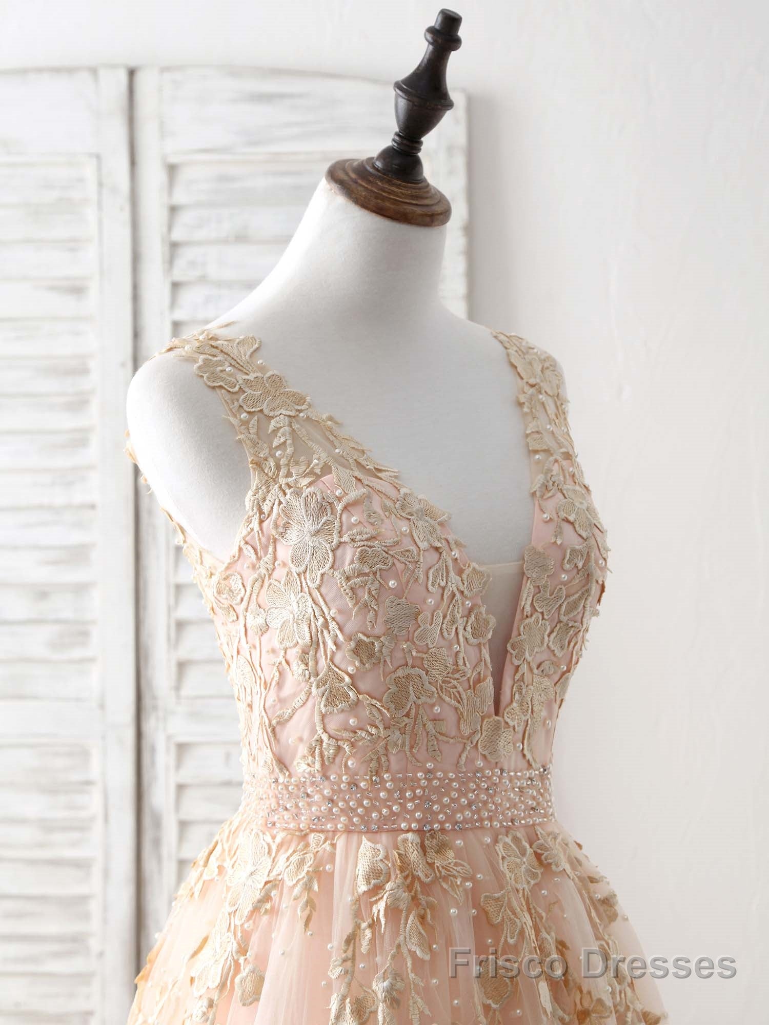 Unique V Neck Tulle Lace Applique Long Prom Dress, Evening Dress