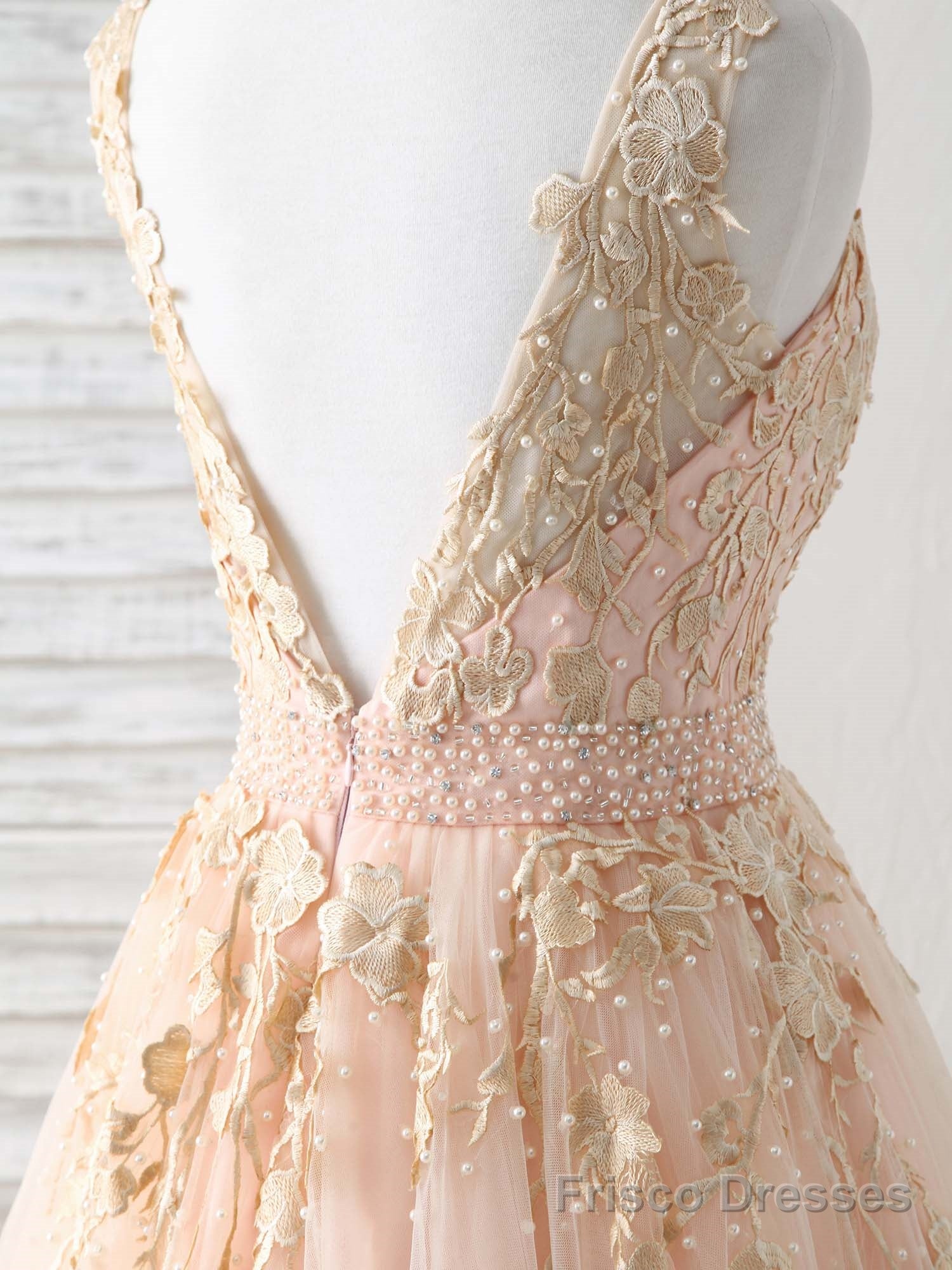 Unique V Neck Tulle Lace Applique Long Prom Dress, Evening Dress