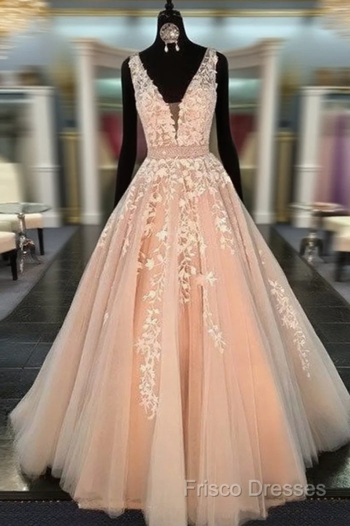 Unique V Neck Tulle Lace Long Formal Prom Dress For Teens, Formal Dress Main image