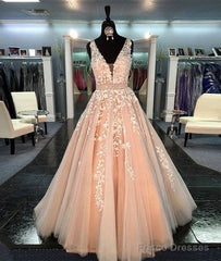 Unique V Neck Tulle Lace Long Prom Dress For Teens, Formal Dress